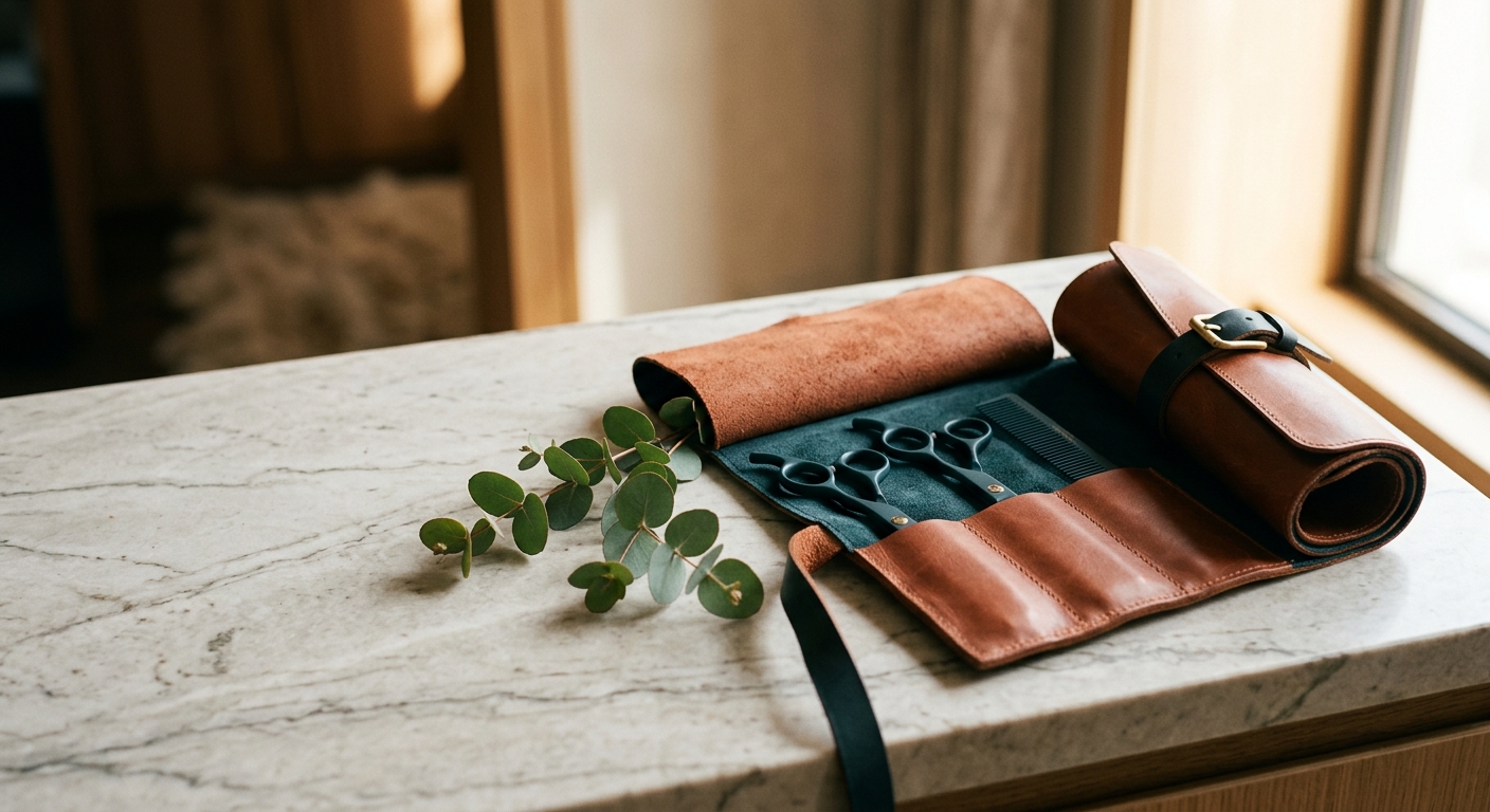 Professional hair styling tools arranged on a warm linen surface